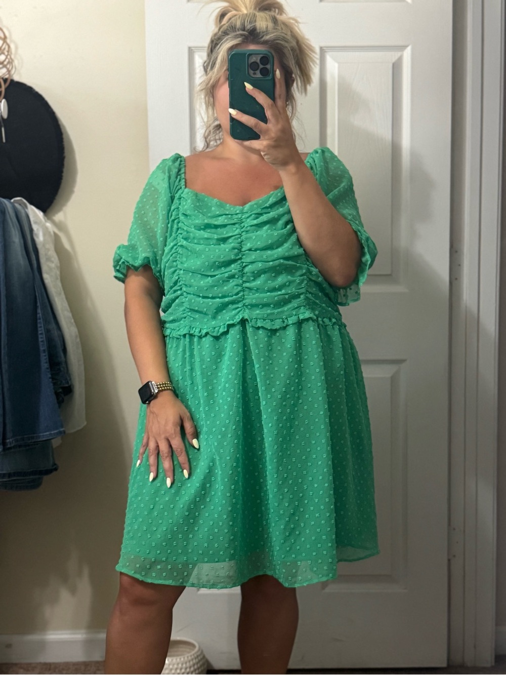 Green Swiss Dot Ruched Dress